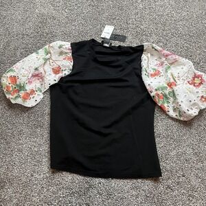 Gracia‎ Shirt Womens XL Black Floral Eyelet Puff Sleeve Statement Top Blouse